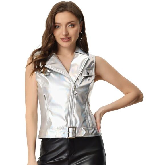 Faux Leather Vest Sleeveless MotoBiker Zipper Holographic Metallic Jacket Silver - Picture 1 of 5
